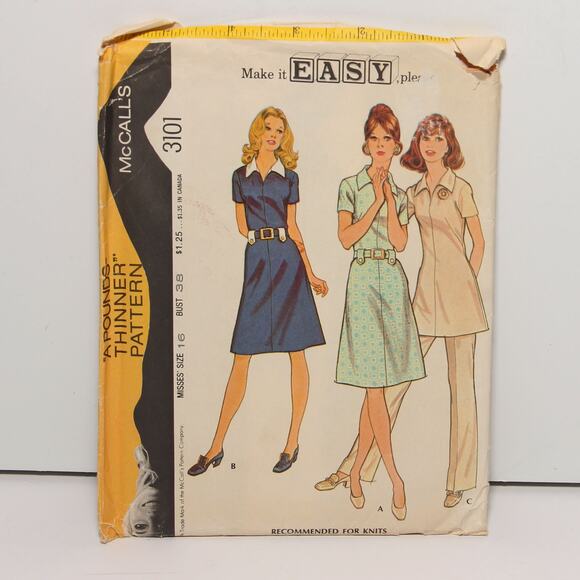 Vintage 70s Dress or Tunic & Pants McCall's Pattern 3101 Size 16 - Picture 1 of 2